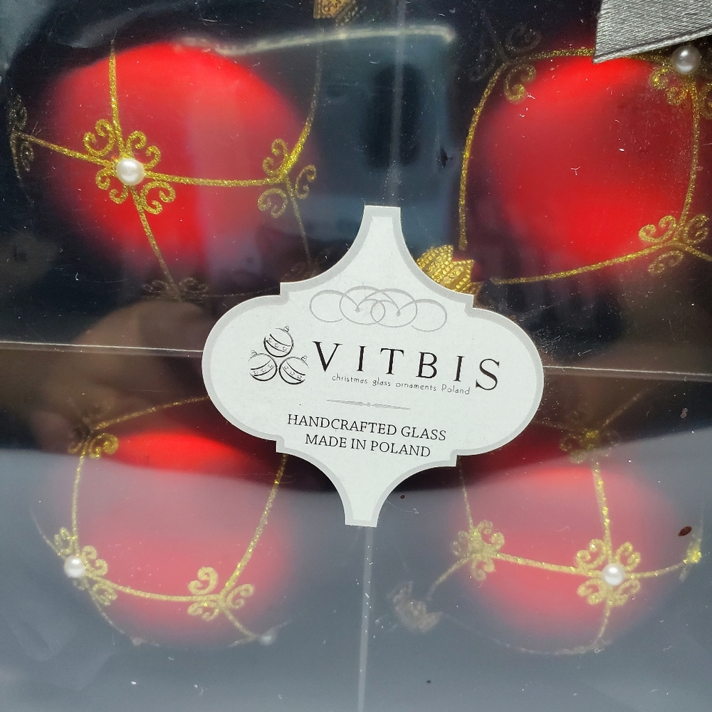 Vitbis Red With Gold Glittery Lattice Pearl Glass Christmas Ornaments 3โ Set 4 - Picture 9 of 9